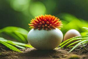 une fleur dans une vase avec deux des œufs. généré par ai photo