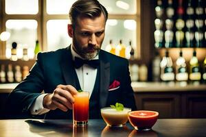 une homme dans une smoking est verser une cocktail. généré par ai photo