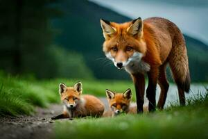 une mère Renard et sa deux petits dans le les bois. généré par ai photo