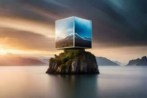 une cube en forme de boîte séance sur Haut de une Montagne. généré par ai photo