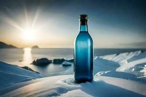 une bouteille de bleu liquide est assis sur Haut de une neigeux colline. généré par ai photo