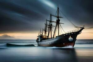 une navire dans le océan à le coucher du soleil. généré par ai photo