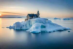 une maison sur un iceberg dans le milieu de le océan. généré par ai photo