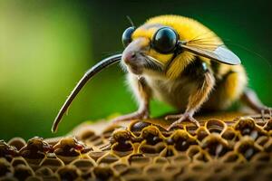 une abeille avec une gros noir œil séance sur Haut de une rayon de miel. généré par ai photo