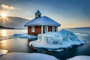 une petit rouge maison est assis sur Haut de un la glace banquise. généré par ai photo