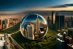 une ville dans une verre sphère avec une vue de le ligne d'horizon. généré par ai photo