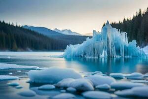 icebergs dans le l'eau à le coucher du soleil. généré par ai photo