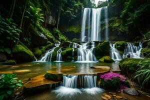 magnifique cascade dans le jungle avec fleurs dans le l'eau. généré par ai photo