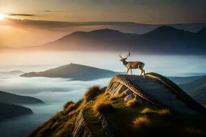 une cerf des stands sur une Montagne surplombant le Soleil. généré par ai photo