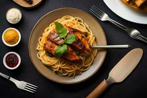 une assiette de spaghetti avec Viande et sauce sur il. généré par ai photo