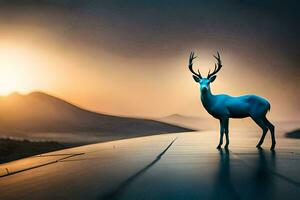 une cerf des stands sur le route à le coucher du soleil. généré par ai photo