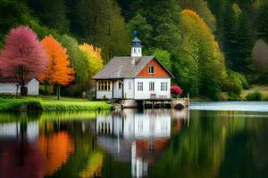 une maison est assis sur le bord de une Lac entouré par coloré des arbres. généré par ai photo