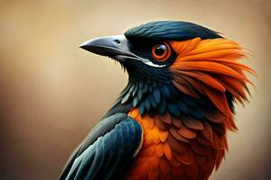 une coloré oiseau avec Orange et noir plumes. généré par ai photo