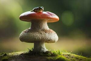 une grenouille est assis sur Haut de une champignon. généré par ai photo