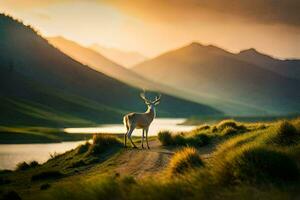 une cerf des stands sur une colline surplombant une lac. généré par ai photo