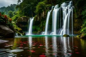 cascade dans le jungle avec rouge fleurs. généré par ai photo