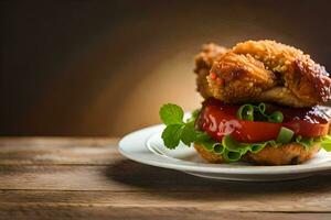 une poulet Burger avec salade et tomate sur une blanc plaque. généré par ai photo