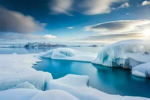 icebergs sont vu dans le l'eau avec le Soleil brillant. généré par ai photo