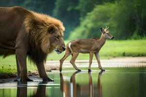 une Lion et une cerf permanent suivant à chaque autre. généré par ai photo