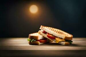 deux grillé des sandwichs sur une en bois tableau. généré par ai photo