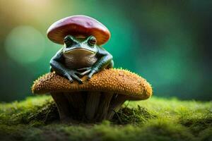 une grenouille avec une champignon sur ses diriger. généré par ai photo