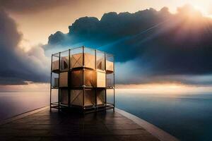 une petit cube séance sur le bord de une Dock avec une nuageux ciel. généré par ai photo