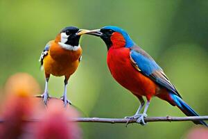 deux coloré des oiseaux sont séance sur une branche. généré par ai photo