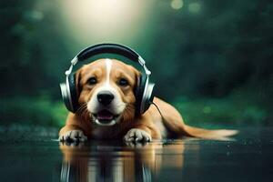 une chien portant écouteurs pose sur le sol. généré par ai photo
