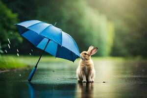 une lapin est permanent en dessous de un parapluie dans le pluie. généré par ai photo