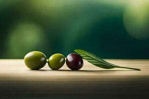 Olives sur une en bois table avec vert feuilles. généré par ai photo