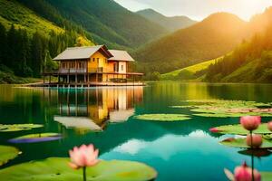 le maison sur le lac. généré par ai photo