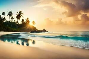le Soleil ensembles sur une tropical plage avec paume des arbres. généré par ai photo