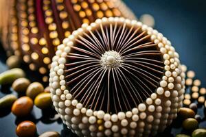 une proche en haut de une bouquet de perles et coquilles. généré par ai photo