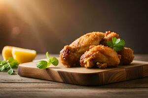 poulet ailes sur une en bois Coupe planche. généré par ai photo