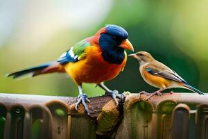 une coloré oiseau est séance sur une clôture avec un autre oiseau. généré par ai photo