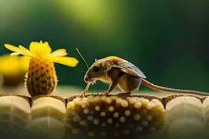 une Souris est séance sur Haut de une fleur. généré par ai photo