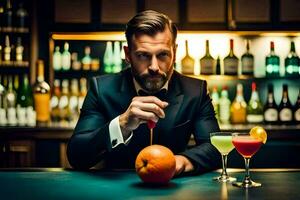 une homme dans une costume est en portant un Orange dans de face de une cocktail. généré par ai photo