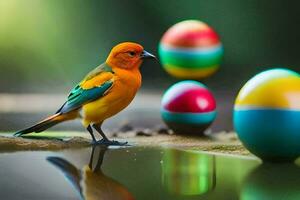 une coloré oiseau des stands suivant à coloré des œufs. généré par ai photo