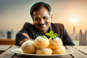 une homme séance dans de face de une assiette de beignets. généré par ai photo