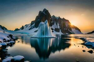 une cascade dans le neige avec le Soleil réglage derrière il. généré par ai photo