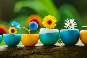 coloré fleurs dans coloré des vases sur une arbre branche. généré par ai photo