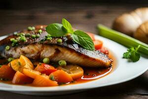 une assiette de poisson avec des légumes et herbes. généré par ai photo