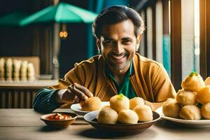 une homme sourit tandis que en portant une assiette de aliments. généré par ai photo