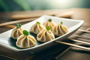 une assiette avec Dumplings sur il. généré par ai photo