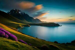 le Soleil ensembles plus de le montagnes et violet fleurs dans le premier plan. généré par ai photo