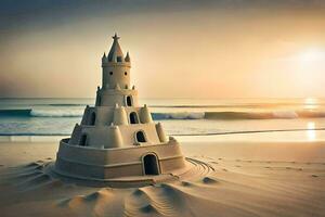 une le sable Château sur le plage à le coucher du soleil. généré par ai photo