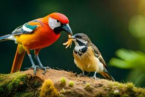 deux coloré des oiseaux permanent sur Haut de une rock. généré par ai photo