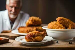 une homme dans une blanc manteau est assis à une table avec certains frit poulet. généré par ai photo