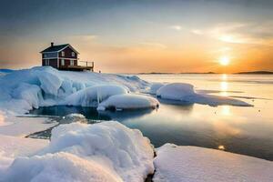 le Soleil ensembles plus de le la glace floes dans le Arctique. généré par ai photo