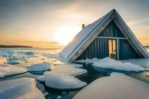 une cabine dans le milieu de un la glace banquise. généré par ai photo